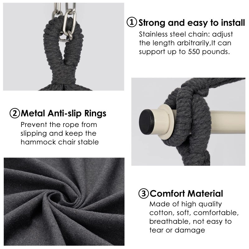 Y- STOP Hammock Chair Hanging Rope Swing Chair, Max 500 Lbs, 2 Seat Cushions Included, Removable Steel Spreader Bar with Anti-Slip Rings, Hardware kit-for Indoor Outdoor(Dark Grey) pcs - Image 4